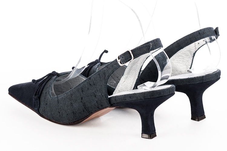 Navy blue women's open back shoes, with a knot. Tapered toe. Medium spool heels. Rear view - Florence KOOIJMAN